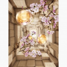 Fototapeta - PL1064 - Dřevěný 3D tunel s květinami