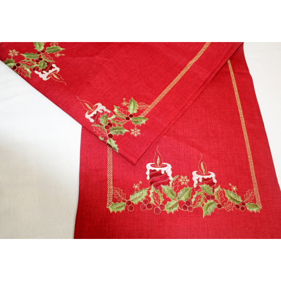 Vianočný vyšívaný obrus červený -  sviečky 5081 40x160cm