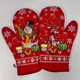 Vánoční kuchyňské rukavice červené snehulák/sob