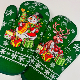 Vianočné kuchynské rukavice zelená snehuliak/sob