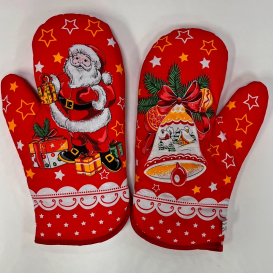 Vánoční kuchyňské rukavice červené  mikuláš/zvonec