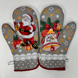 Vánoční kuchyňské rukavice šedé  mikuláš/zvonec