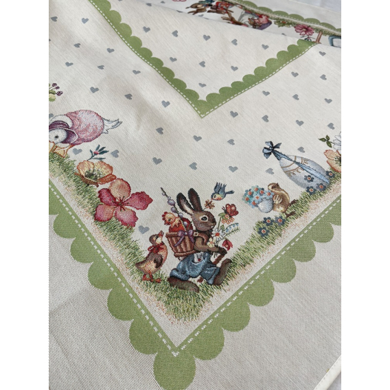 Gobelínový velikonoční ubrus  Zajíčí rodinka - zelená 100x100cm