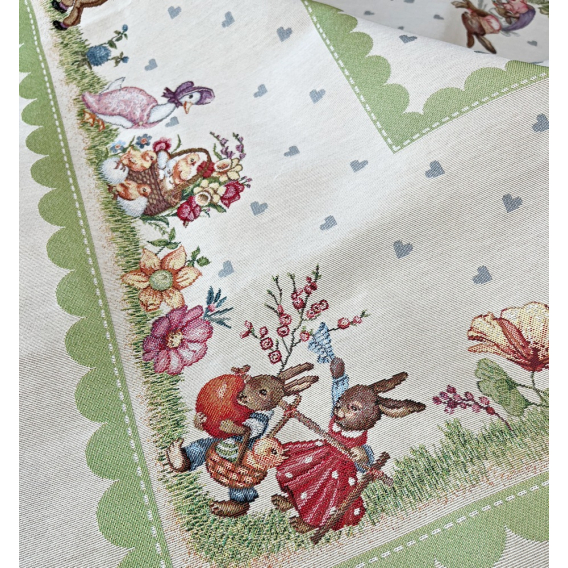 Gobelínový velikonoční ubrus  Zajíčí rodinka - zelená 100x100cm