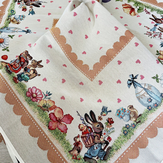 Gobelínový velikonoční ubrus  Zajíčí rodinka - hnědá 100x100cm