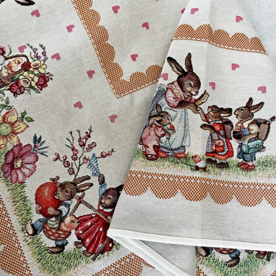 Gobelínový velikonoční ubrus  Zajíčí rodinka - hnědá 100x100cm