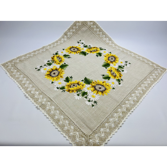 Vyšívaný obrus s krajkou - béžový  85x85cm
