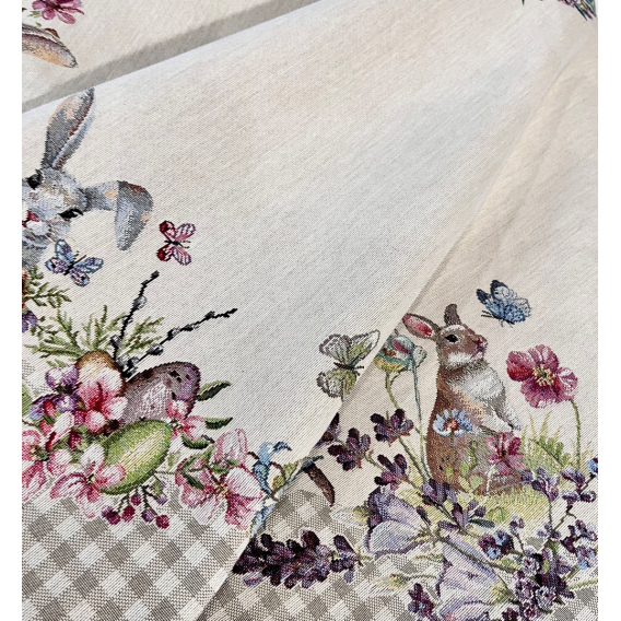 Gobelínový veľkonočný obrus Zajačiky v levanduli  kruh 140cm