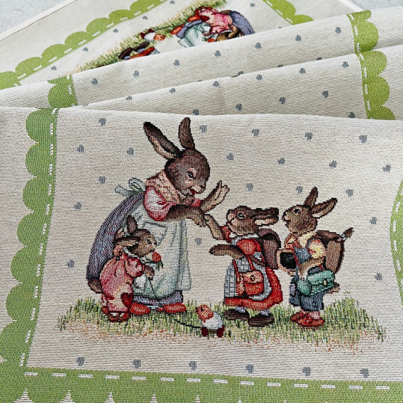 Gobelínový veľkonočný obrus Zajačia rodinka - zelená  40x100cm
