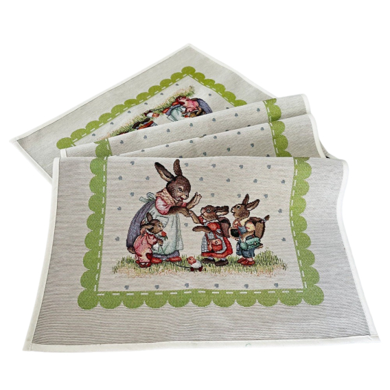 Gobelínový veľkonočný obrus Zajačia rodinka - zelená  40x100cm