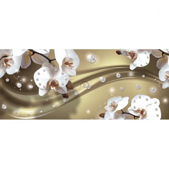 Panoramatická fototapeta - FT3109 - Biele kvety na zlatom pozadí