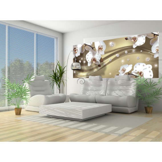 Panoramatická fototapeta - FT3109 - Biele kvety na zlatom pozadí