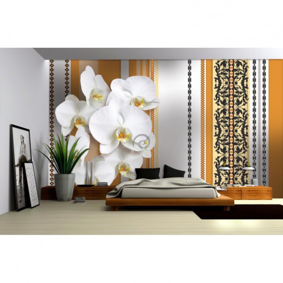 Fototapeta na stenu - FT2883 - Biele kvety na oranžovom pozadí