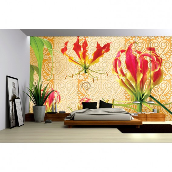 Fototapeta na stenu - FT2944 - Červené ľalie na zlatom pozadí