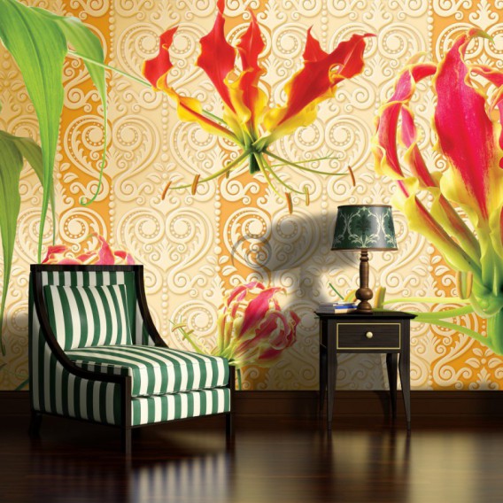 Fototapeta na stenu - FT2944 - Červené ľalie na zlatom pozadí