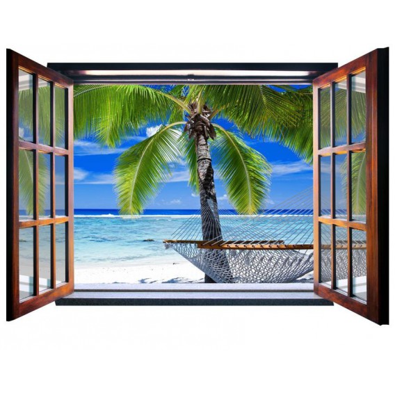 Fototapeta - FT0084 - Okno - hojdacia sieť medzi palmami
