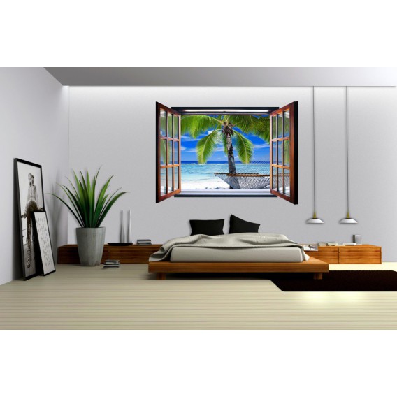 Fototapeta - FT0084 - Okno - hojdacia sieť medzi palmami