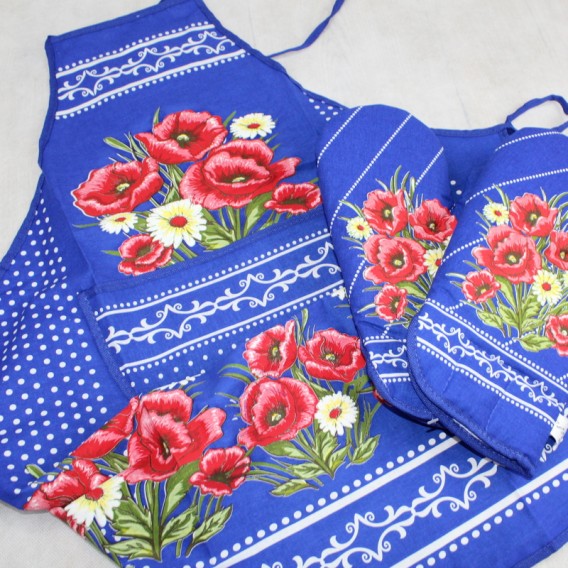 Kuchynská zástera Vlčie maky - modrá