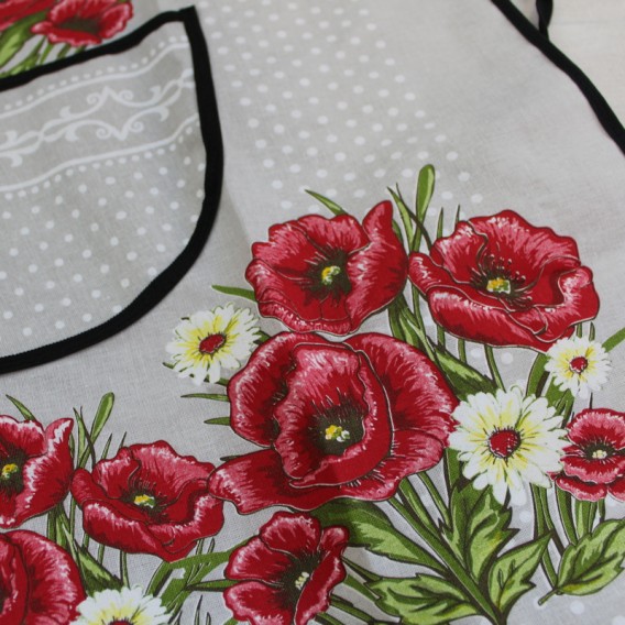 Kuchynská zástera Vlčie maky - sivá s čiernym lemom