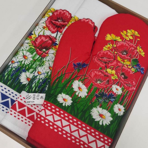 Kuchynský set 2+1 Maky a margarétky červený